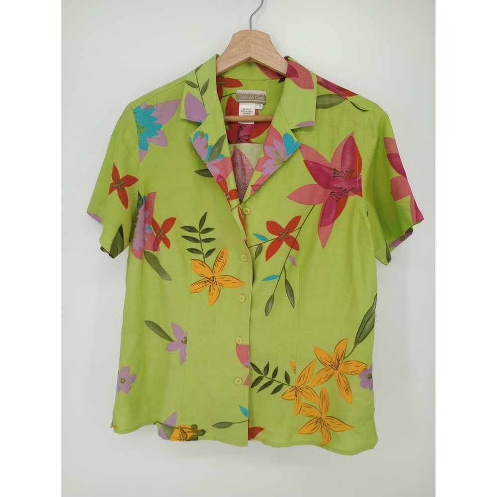 Vintage Button Down Shirt Womens PS Green Silk Linen Tropical Floral Vtg